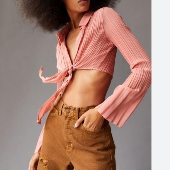 Urban Outfitters Tops - Urban Outfitters Rachel Plisse Tie Front Crop Top Coral Large NWT